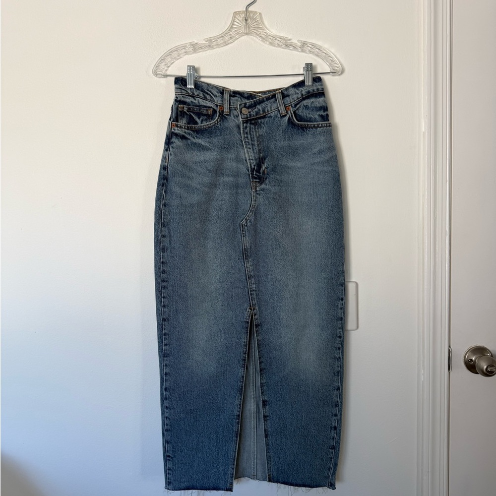 Reformation Mid-Blue Straight Leg Denim Skirt